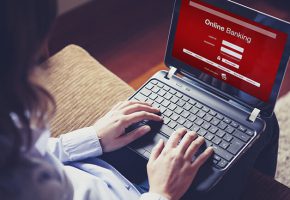 Female getting access into On line banking. Typing on the keyboa