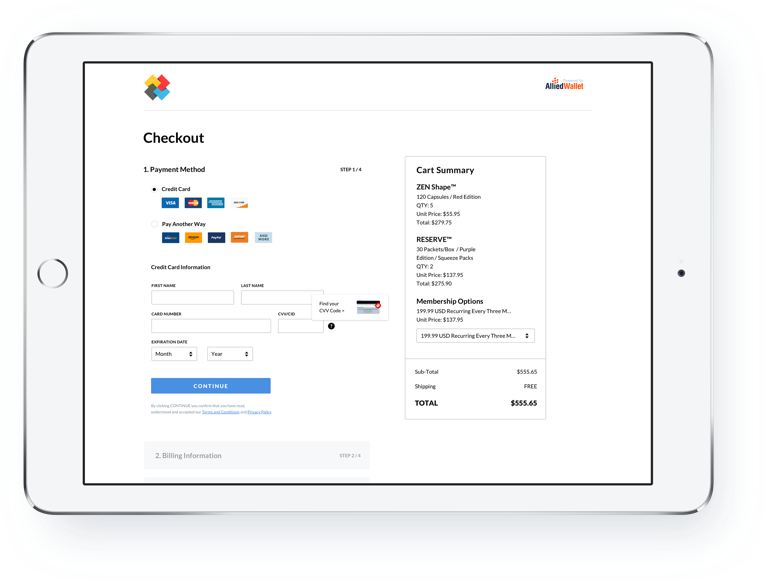 tablet showing Allied Wallet's checkout interface